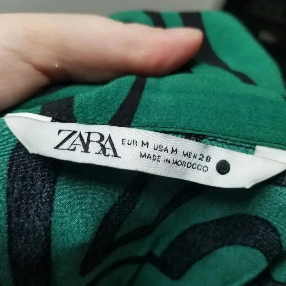 Zara Green Black Print Long Sleeve Midi Dress M - Picture 11 of 12